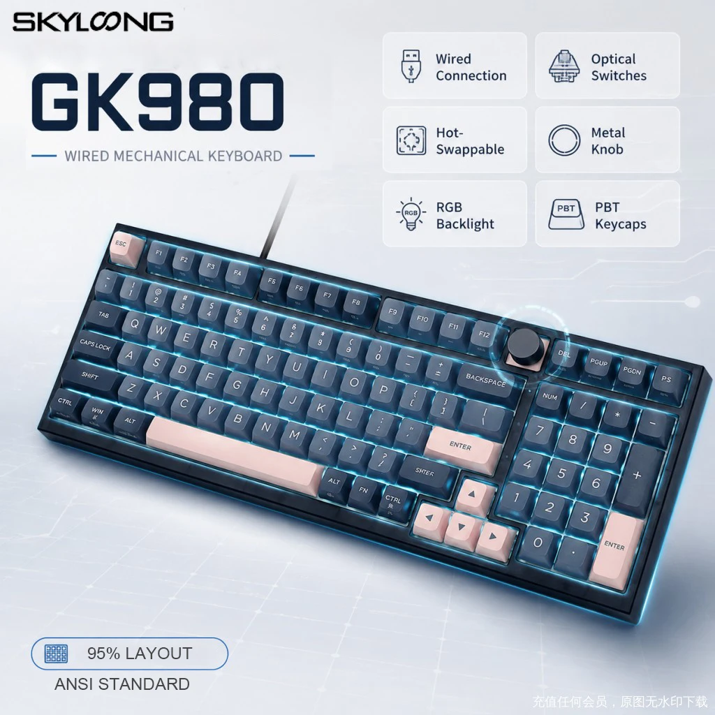 SKYLOONG GK980 Mechanical Keyboard Optical Switch Wired Gamer Keyboard RGB Backlight PBT Keycap 95% Layout with Knob PC Keyboard