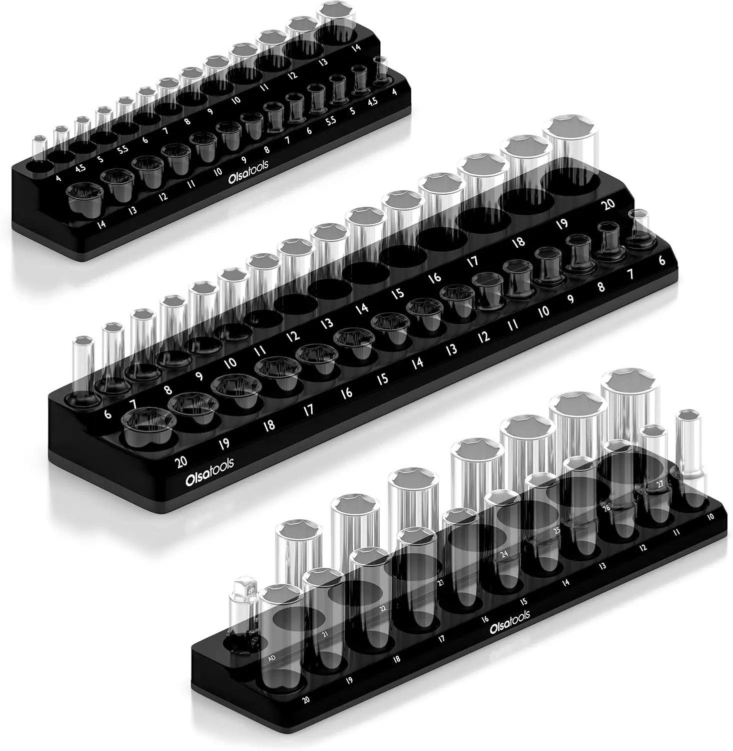 

Magnetic Socket Organizer 3-Piece Metric Set Holds up to 75 Sockets Strong Magnet Tool Holder for Drawer or Toolbox Black