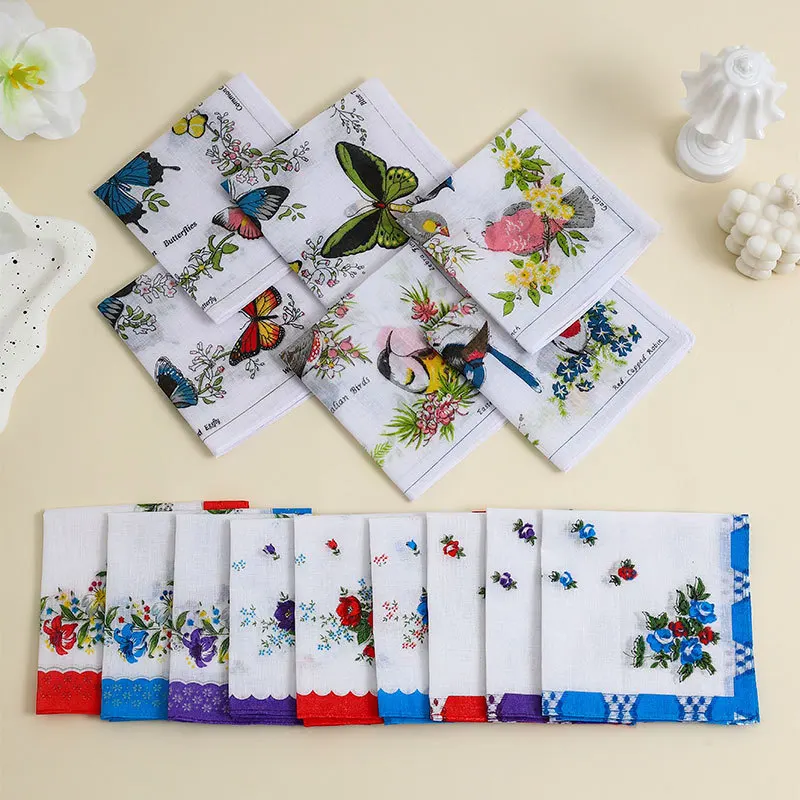 6Pcs Retro Women's Pure Cotton Printed Handkerchief Antique Old-fashioned Nostalgic Thin Absorbent Sweat Towel 28*28cm
