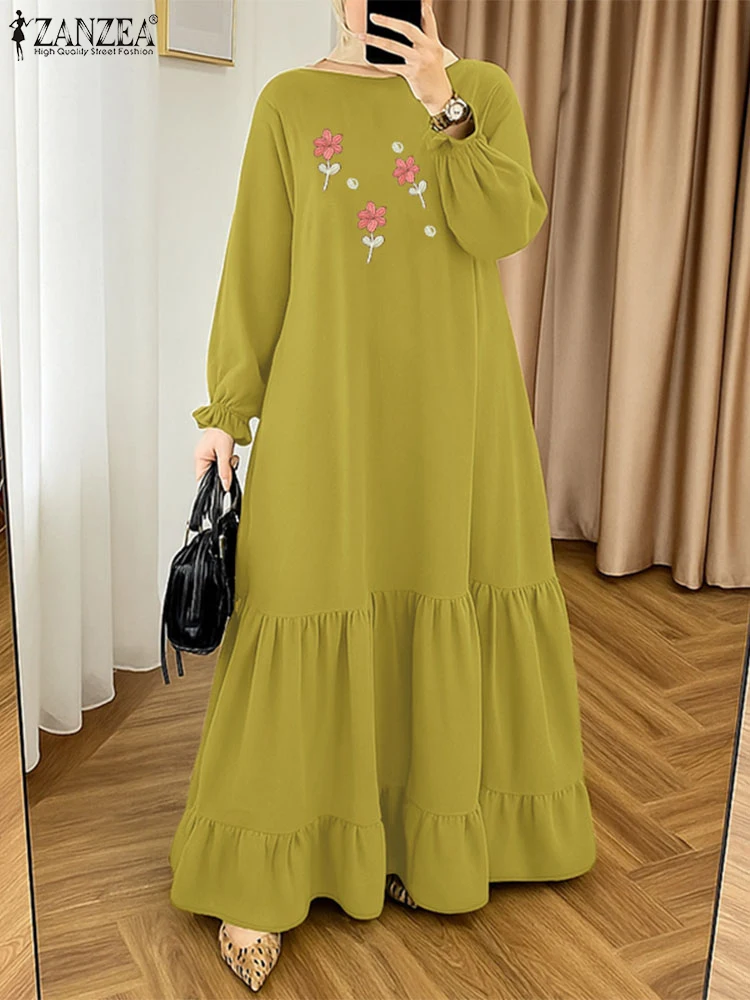 2025 ZANZEA Autumn Dresses Muslim Abaya Robe Femme Women Embroidery Maxi Sundress Long Lantern Sleeve Sundress Kaftan Vestidos