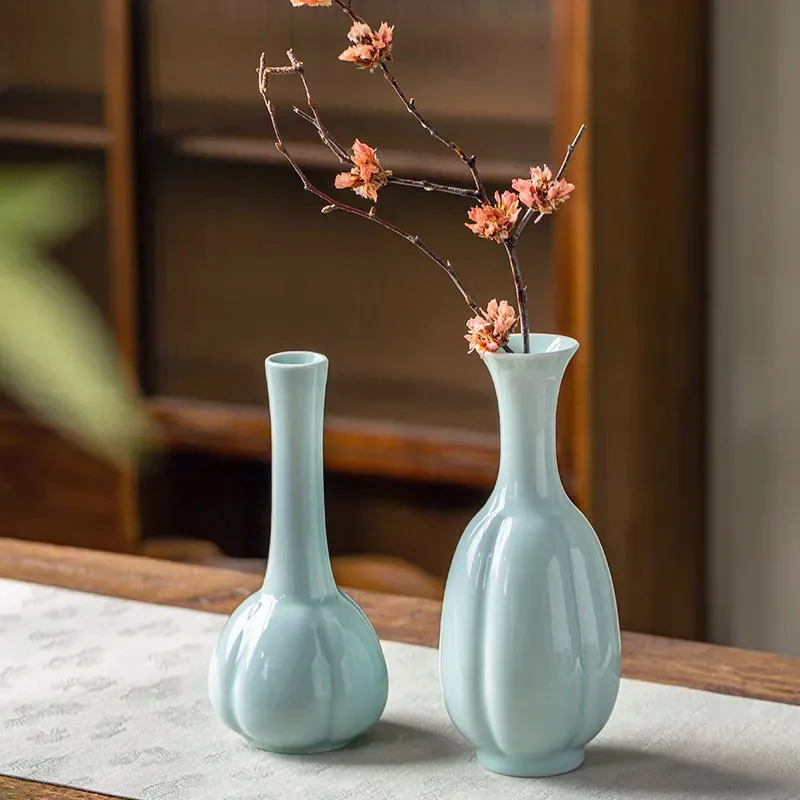 for Jingdezhen Imitation Song Dynasty Shadow Green Melon Edge Vase Retro Zen Ceramic Home Desktop Ornament Chinese Flower