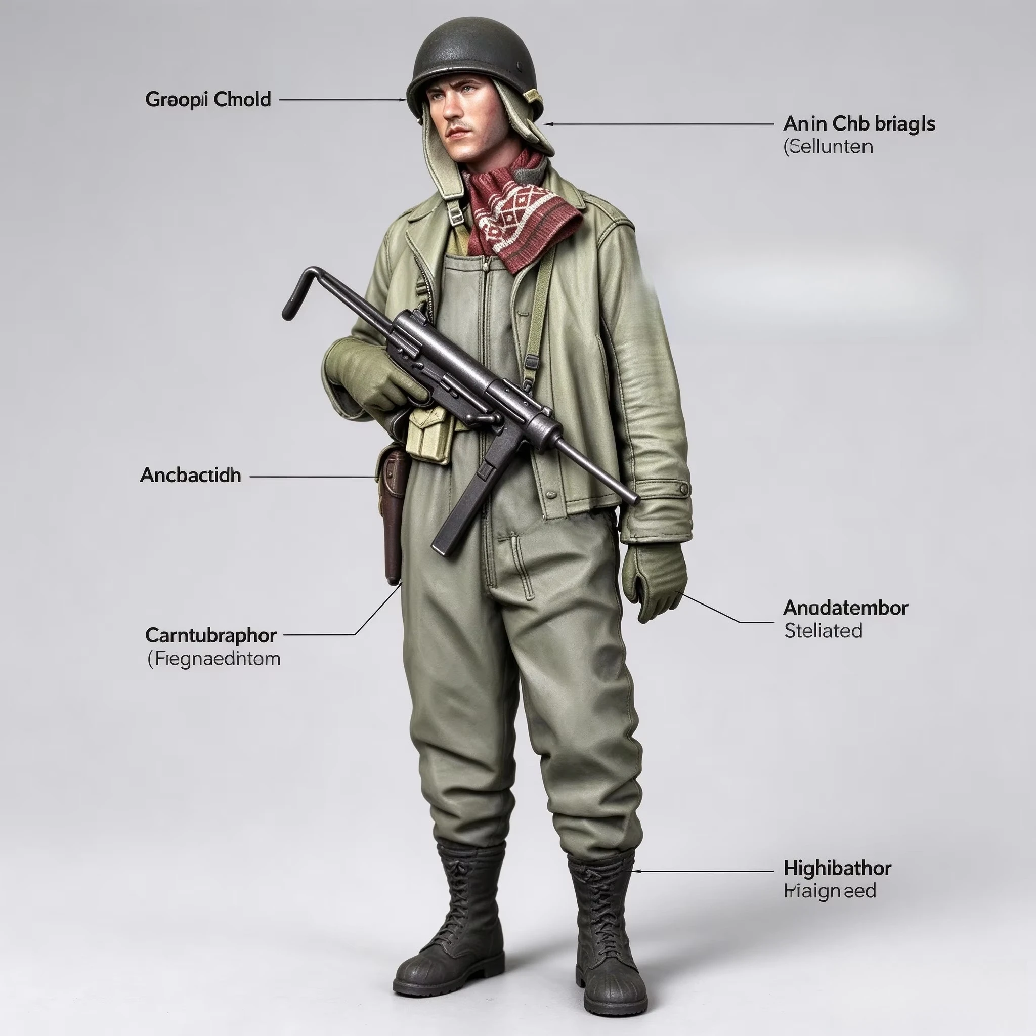 1/16 Standing Soldier Figure Model, Unpainted Resin Military Man with Helmet and Submachine
