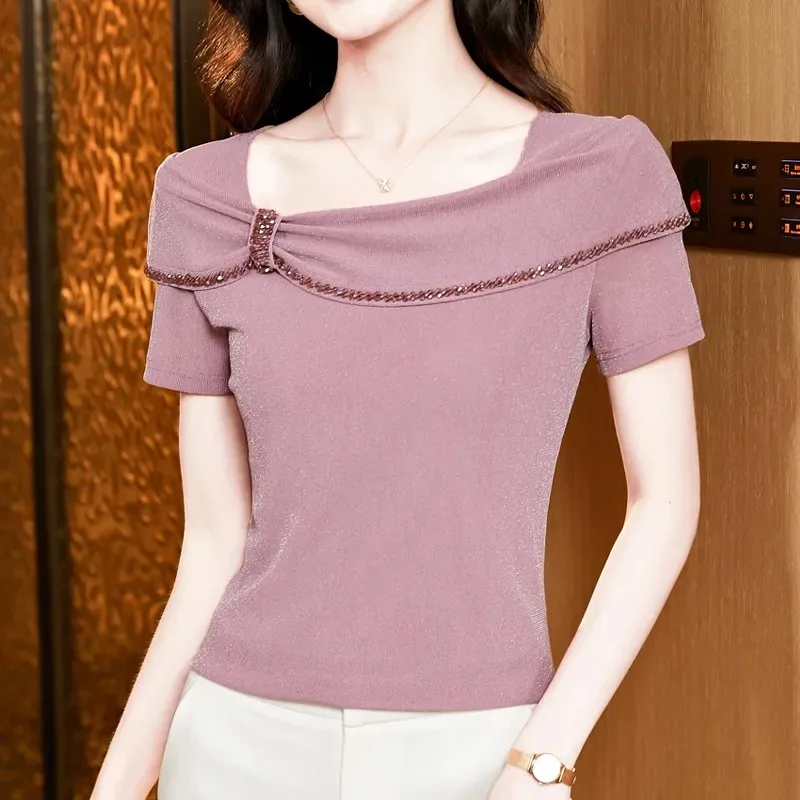 

Women Irregular Square Neaded Mesh Short Sleeve Top Shiny Silk Slim Blouse
