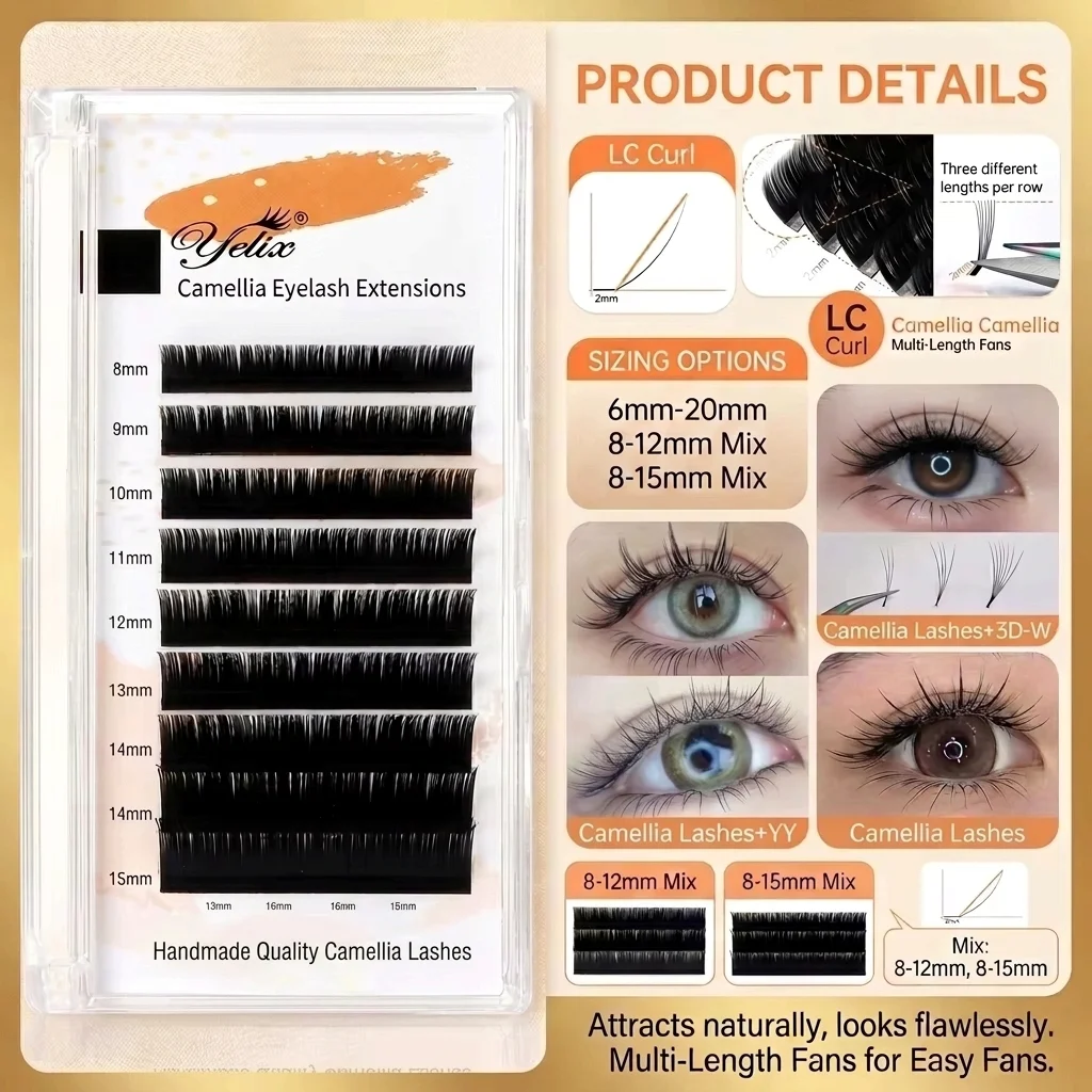 Yelix LC Curl Camellia Eyelashes with Adhesive Eyelash Extensions 6-20mm Single Mix 8-12mm 8-15mm Easy Fan Fans Volume Lashess