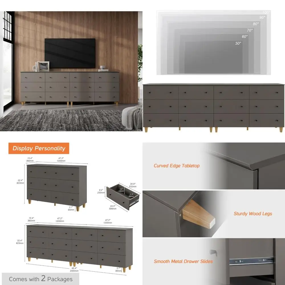 

Double Dark Grey Wood TV Stands for 100 Inch TVs, Featuring 12 Drawers and Extra Wide Space