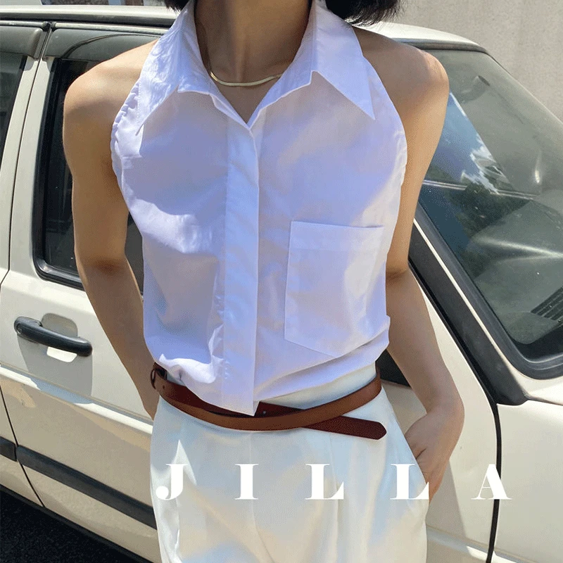 2024 New Summer Italy Elegant Fashion Loose Casual Office Lady Women\'s Shirt Solid Button Pockets Lapels Sleeveless Chic Tops