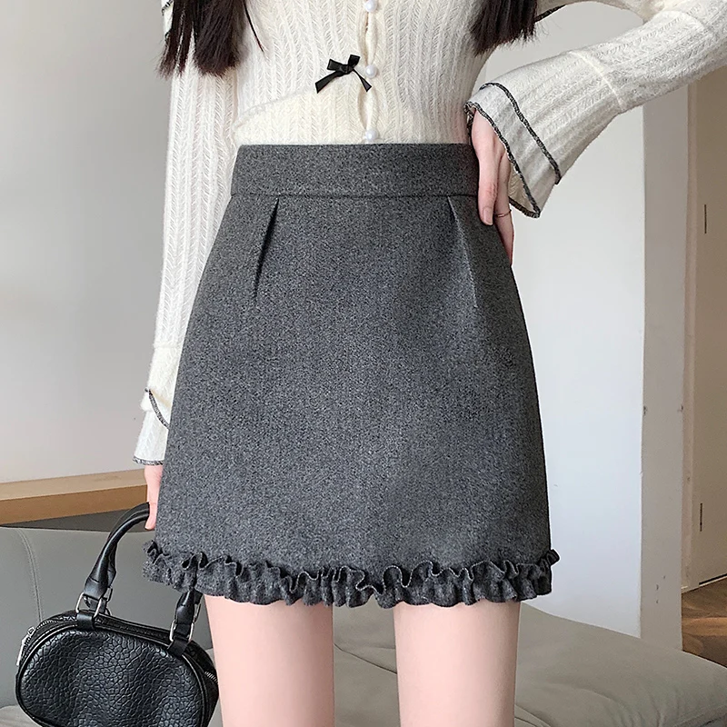 Neue Koreanische Stil Nette Spitzen Mini Rock Frauen Mode Herbst Winter Hohe Taille Woolen Röcke Damen Casual Wolle Kurze Röcke