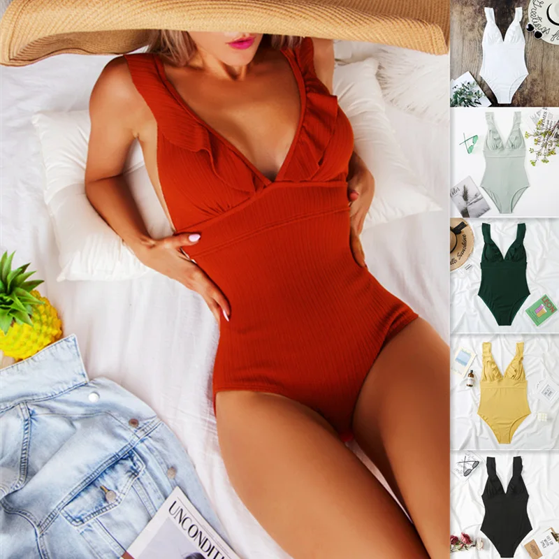 Women's Swimwear 2024 Female One-Piece Solid Color Swimsuit V-Neck Backless Sexy Bikini Hot Spring Swimwear  Bikinis Set S-XL