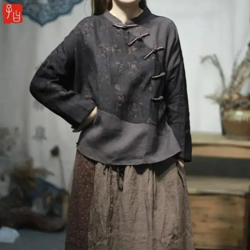 

Chinese Style Cotton Linen Blouse Women 2025 New Autumn Stand Collar Button Women's Shirt Fashion Design Sense Clothes