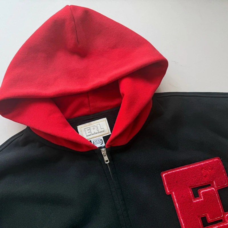 ERL Casual Color Block Hooded Zip Jacket Chenille E Letter Graphic Men Street Sweatshirt