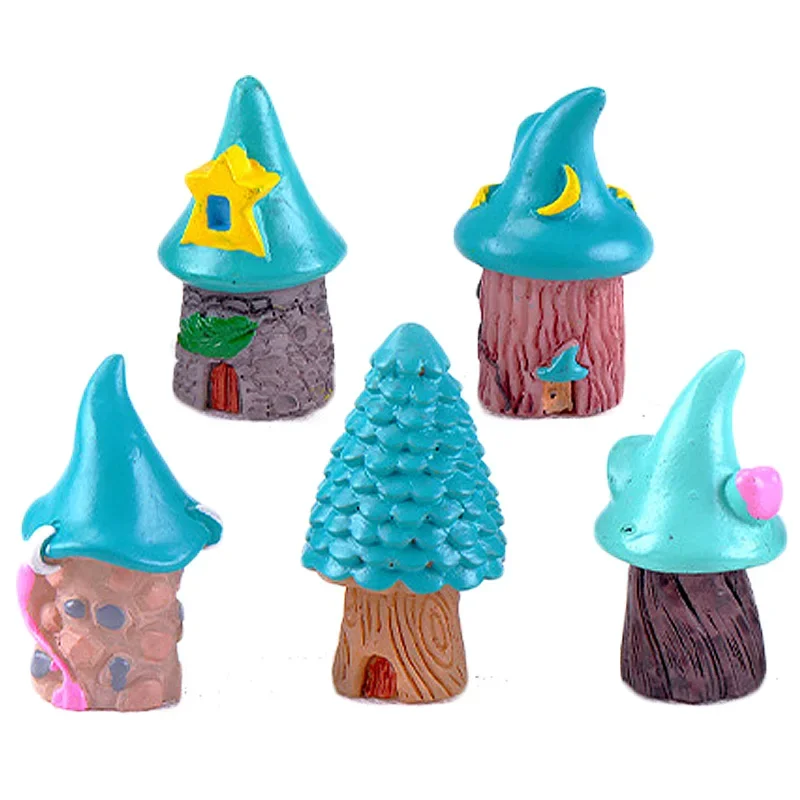 5PCS Christmas Blue Tree House Miniature Figurine DIY Accessories Doll Building Home Decoration Simulation Plastic House Toys