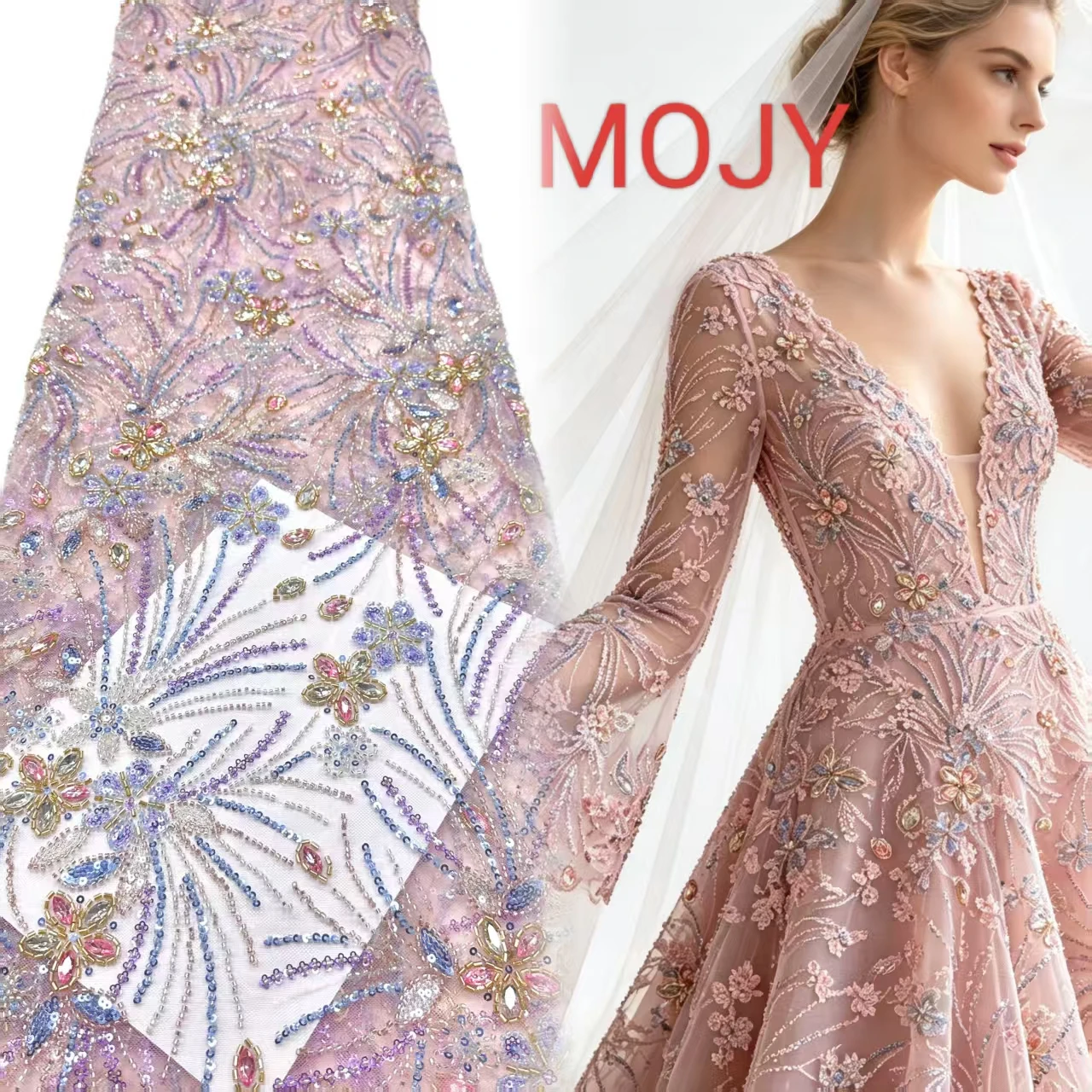 Luxury Pink 3D Fireworks Floral Embroidery Lace Fabric Heavy Beaded Rhinestone Sequins Tulle Mesh Cloth for Wedding Dress Evenin