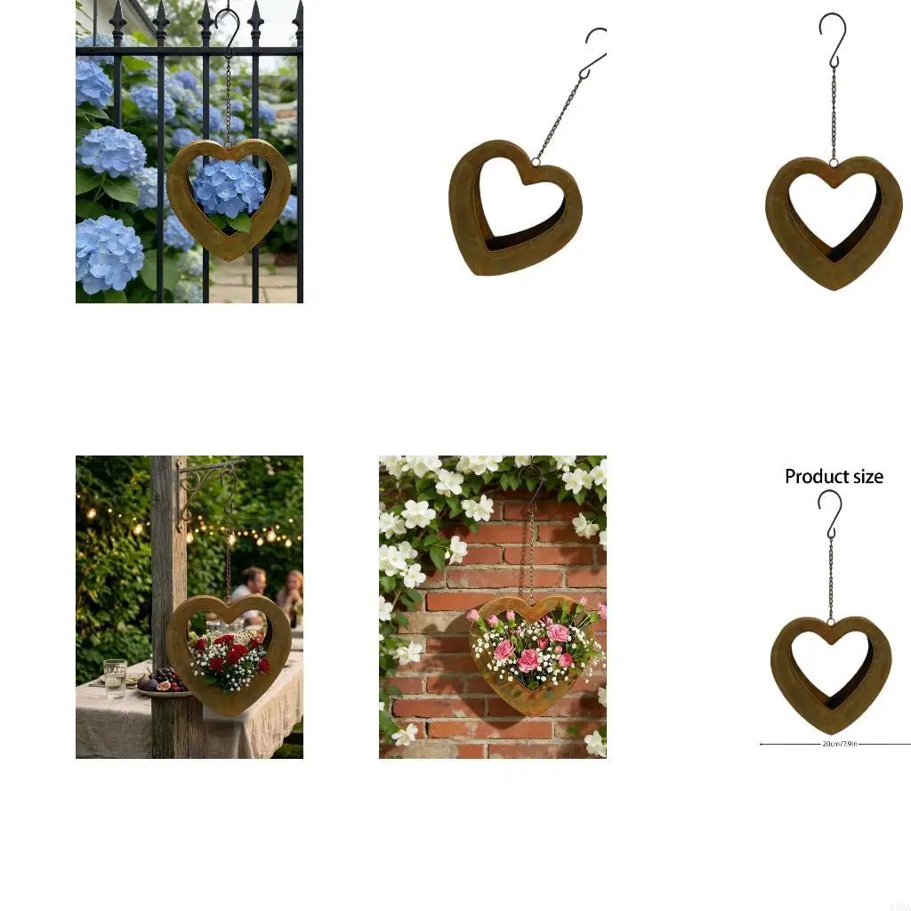 Plant Pot or Flower Basket Heart Wall Hanging Holder, Brown Metal Mount with Chain for Outdoor Fence Porch Balcony Yard Home