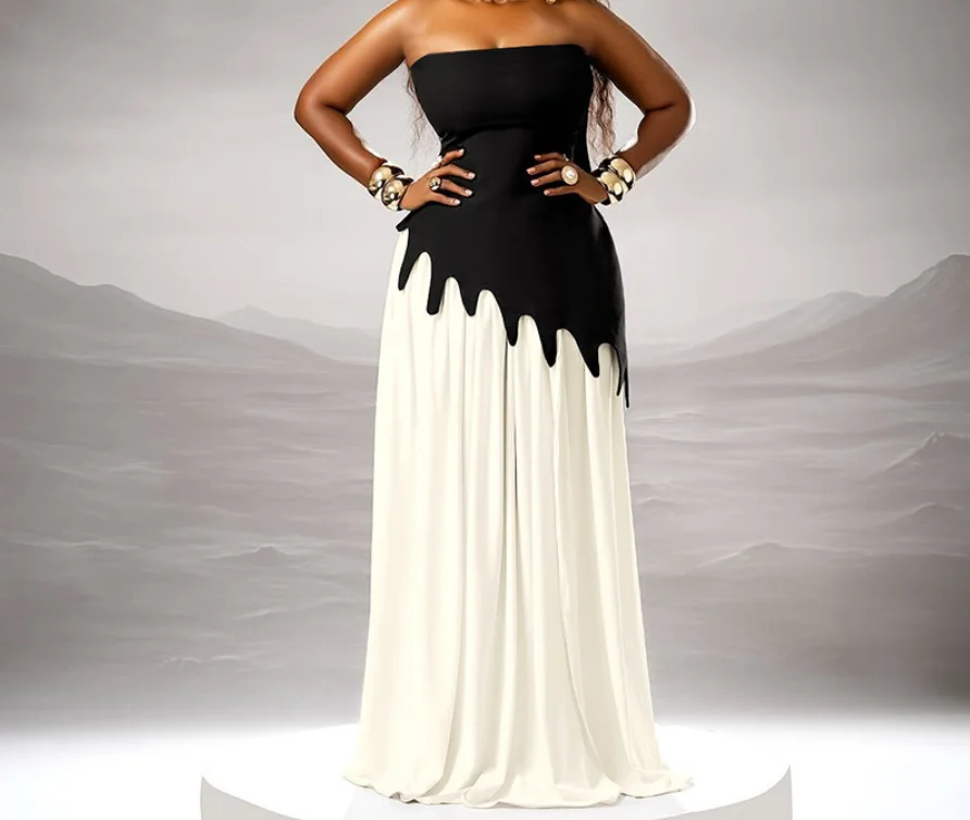 

2025 Autumn/winter New Women's Drift Strap Strapless Bareback Fashion Contrast Split Sexy Skirt Set