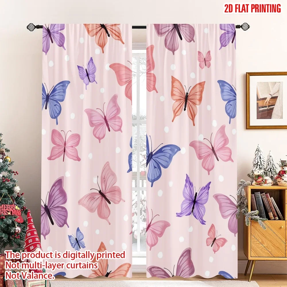 2 قطعة 2D الطباعة المسطحة المشهد الستائر الوردي المائية الفراشات الرقمية المطبوعة البوليستر الستائر احتفالي جدار ديكور للعيش