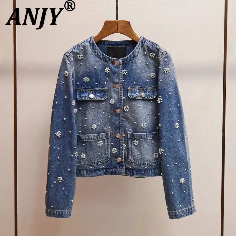 

ANJY Autumn New Women Fashionable Fresh Slimming Heavy Craft Flower Beaded Short Jacket Ins Straight-Leg Trend Tide Jeans A10725