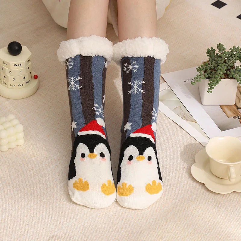 Winter Warm Socks Women Penguin Plush Soft Female Non Grip Floor Slippers Short Sock Fuzzy Fluffy Deer Elk Bear Christmas Gift