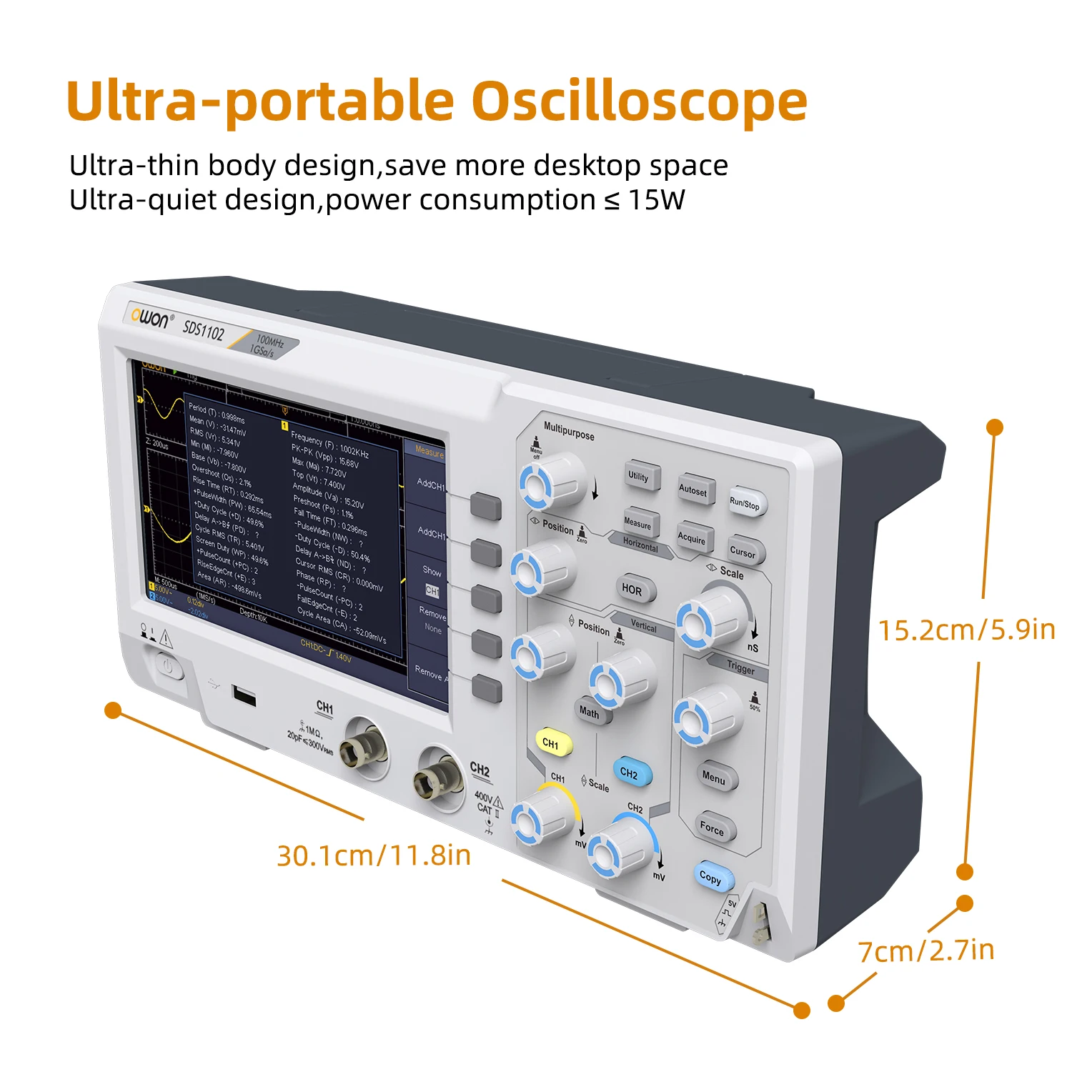 Owon SDS1102 Digital Oscilloscope 5mV/Div 2 Channel 100MhZ Bandwidth 1GS/s Sampling Rate 7-inch TFT Storage Desktop Oscilloscope