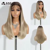 Peluca Sintética Noble con Frente de Encaje, Estilo Bob Liso con Pelo de Bebé, Peluca Sintética con Encaje de 22 Pulgadas, Raíz Oscura, Rubio Platino, para Mujer