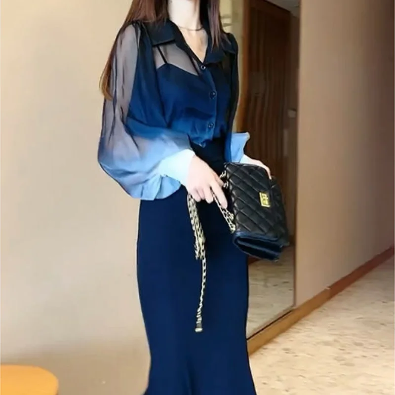 Women\'s Two Piece Set Maxi Skirt Beach Black Commuting Female Outfits Suits Long Sexy Sleeve Slim Fit Korean Style Stylish Korea