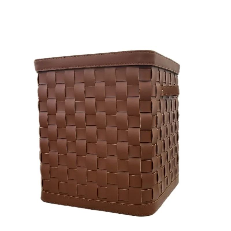 Desktop finishing saddle leather woven storage basket change of clothes cloakroom leather storage light luxury