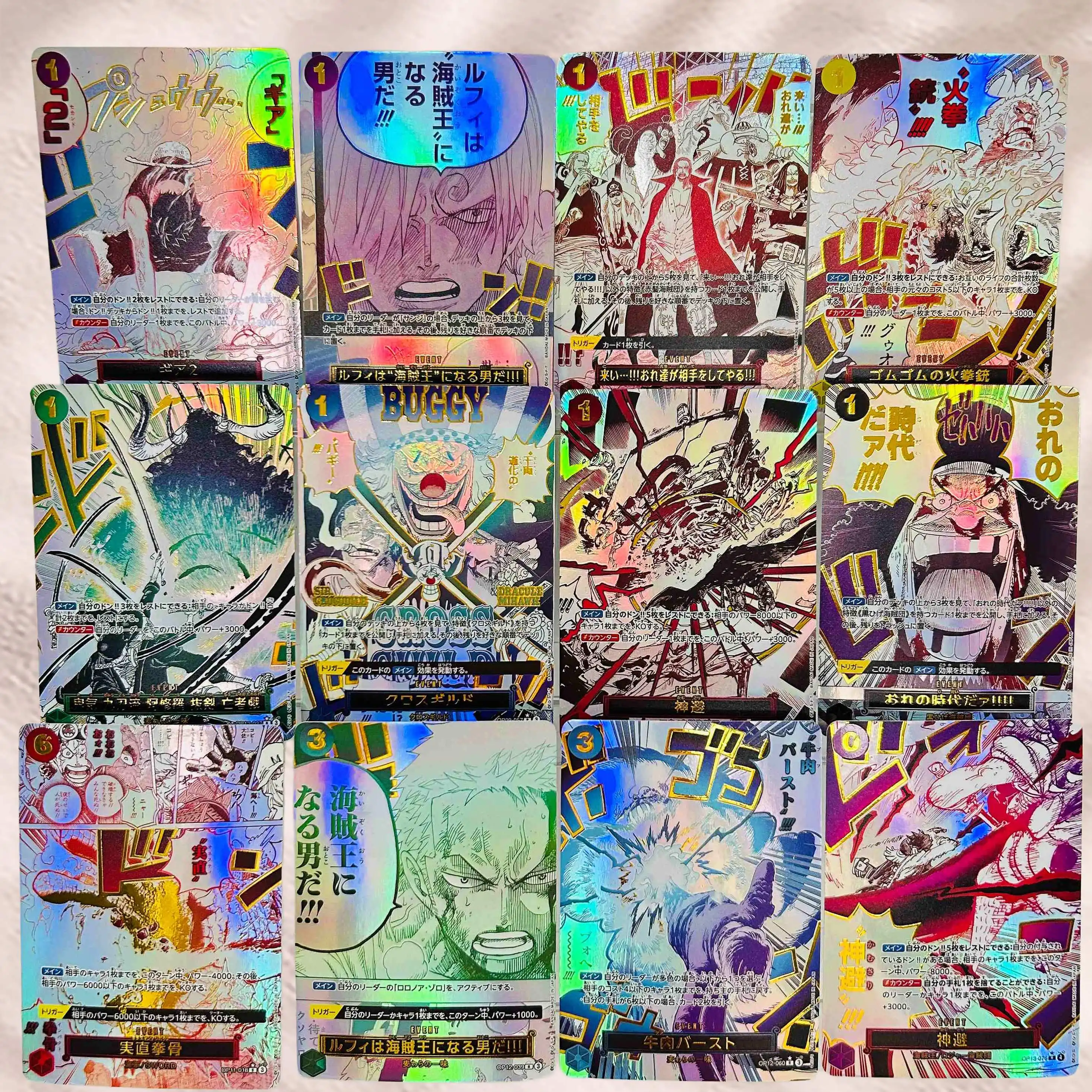 

DIY One Piece 12pcs Luffy Zoro Sanji Ace Nami Buggy Shanks Holographic Texture Cards JP Version Classic Anime Collectible TCG