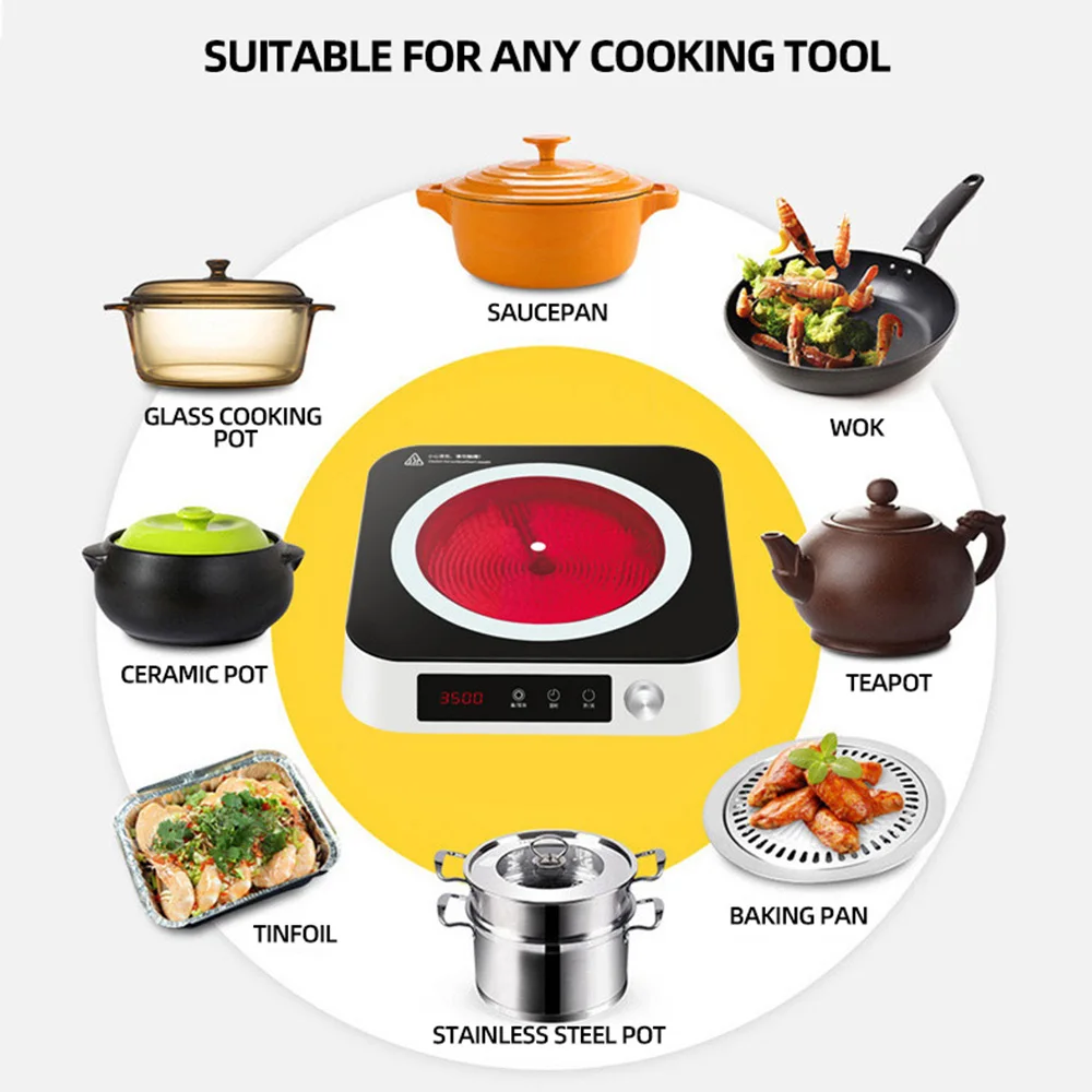 Household Electric Cooking Stove 3500W Kitchen Electric Ceramic Cooker Barbecue Mini Cooktops Electric Teapot Heater