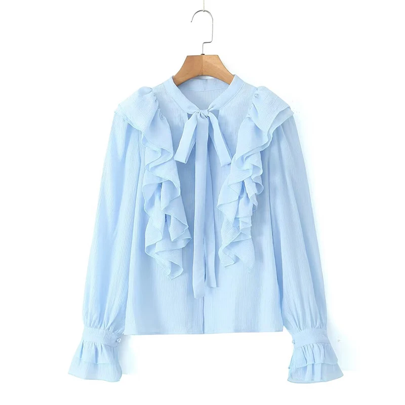 

2024 Spring Women Blue Ruffle Shirt Blouse Long Sleeve Office Ladies Elegant Blouse High Street Blusas Mujer