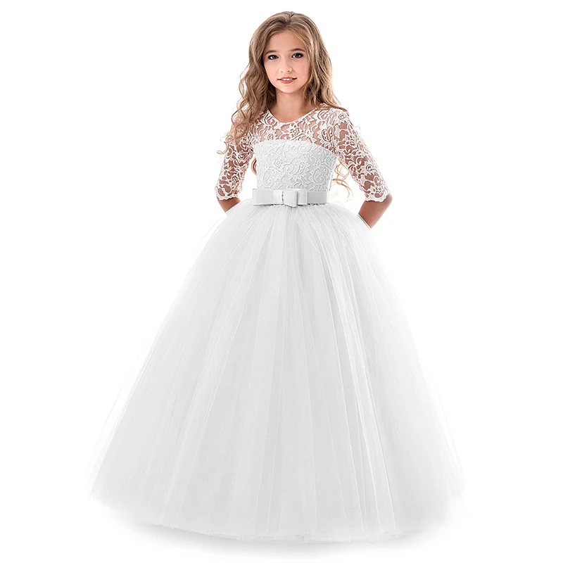 White Lace Child Flower Girl Dress Tulle Appliques Princess Floor Length for Wedding Party Baptism First Communion Gown