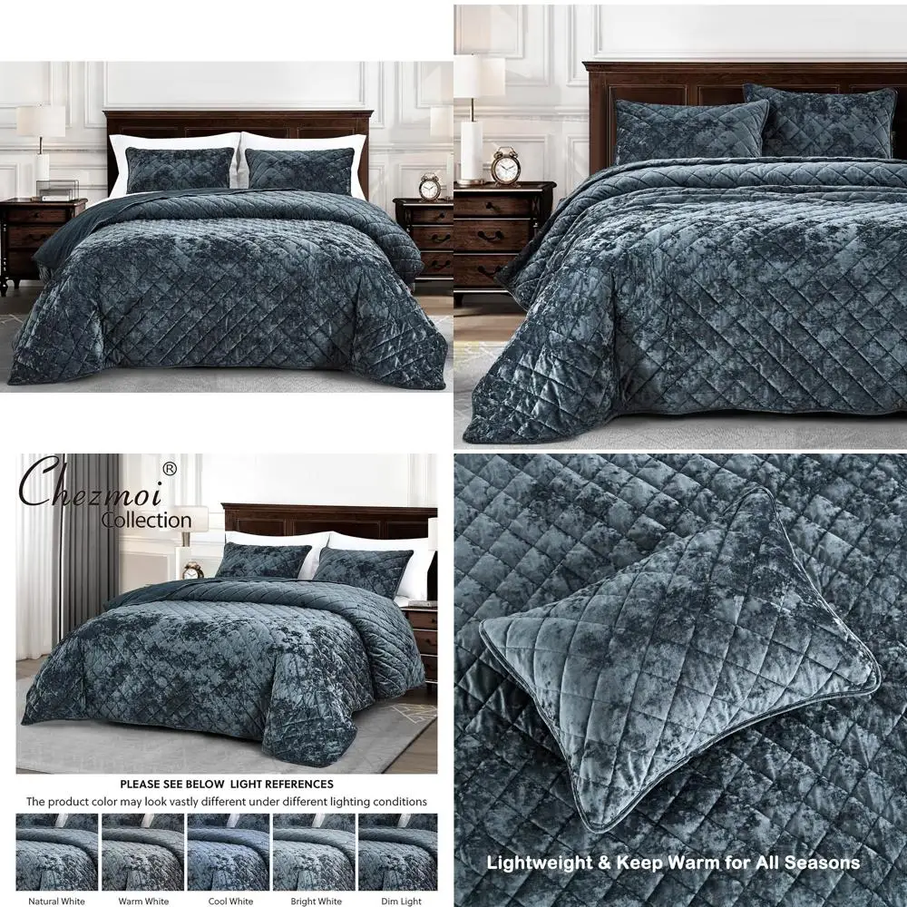 

Luxury Storm Blue Velvet Quilt Set - 3-Piece Geometric All-Season Lightweight Comforter Bedding Queen Size