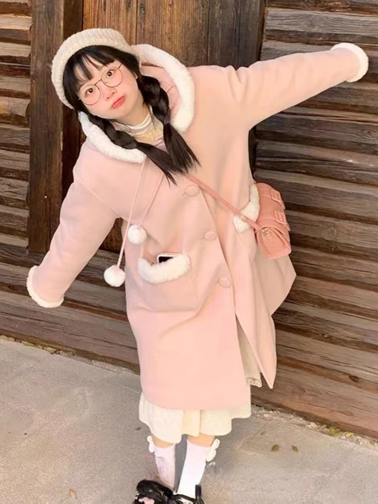 Japanese Kawaii Lolita Wool Coat Women Pink Sweet Pockets Cute Hooded Jackets Female Korean Casual Loose Coat Warm Winter 2024