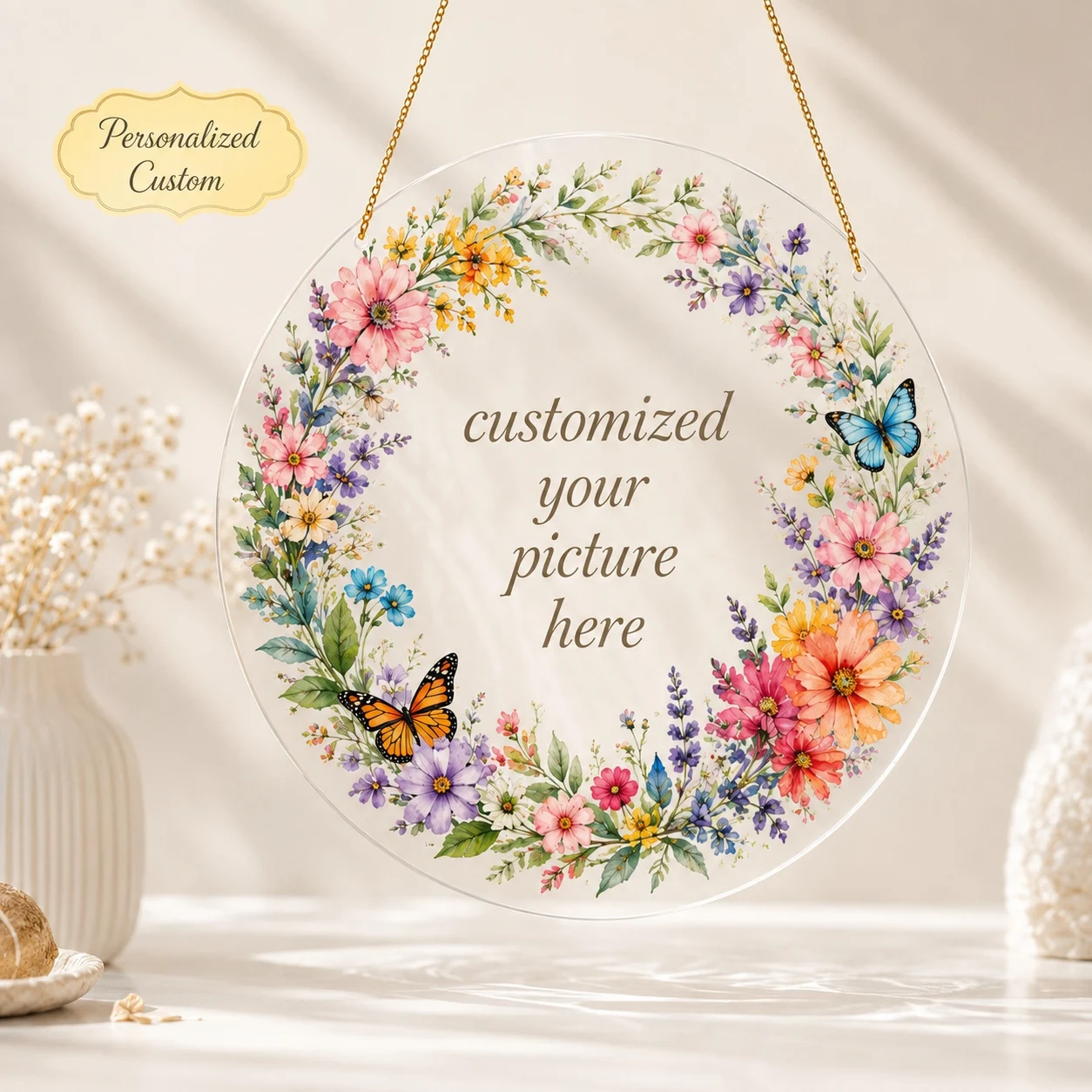 20cm Personalized Acrylic Hanging Decor Ornaments, Custom Photo Round Ornament with Gold Cord, Window Suncatcher Gift for Home