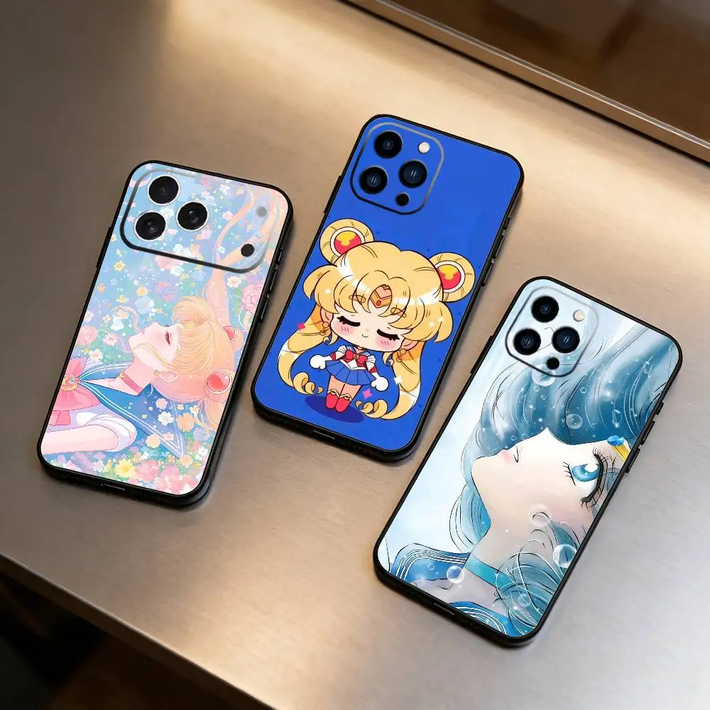Cartoon Sailor M-Moon Phone Case For iPhone17,16,15,14,13,12 Plus,Max Soft Silicone Black Cover