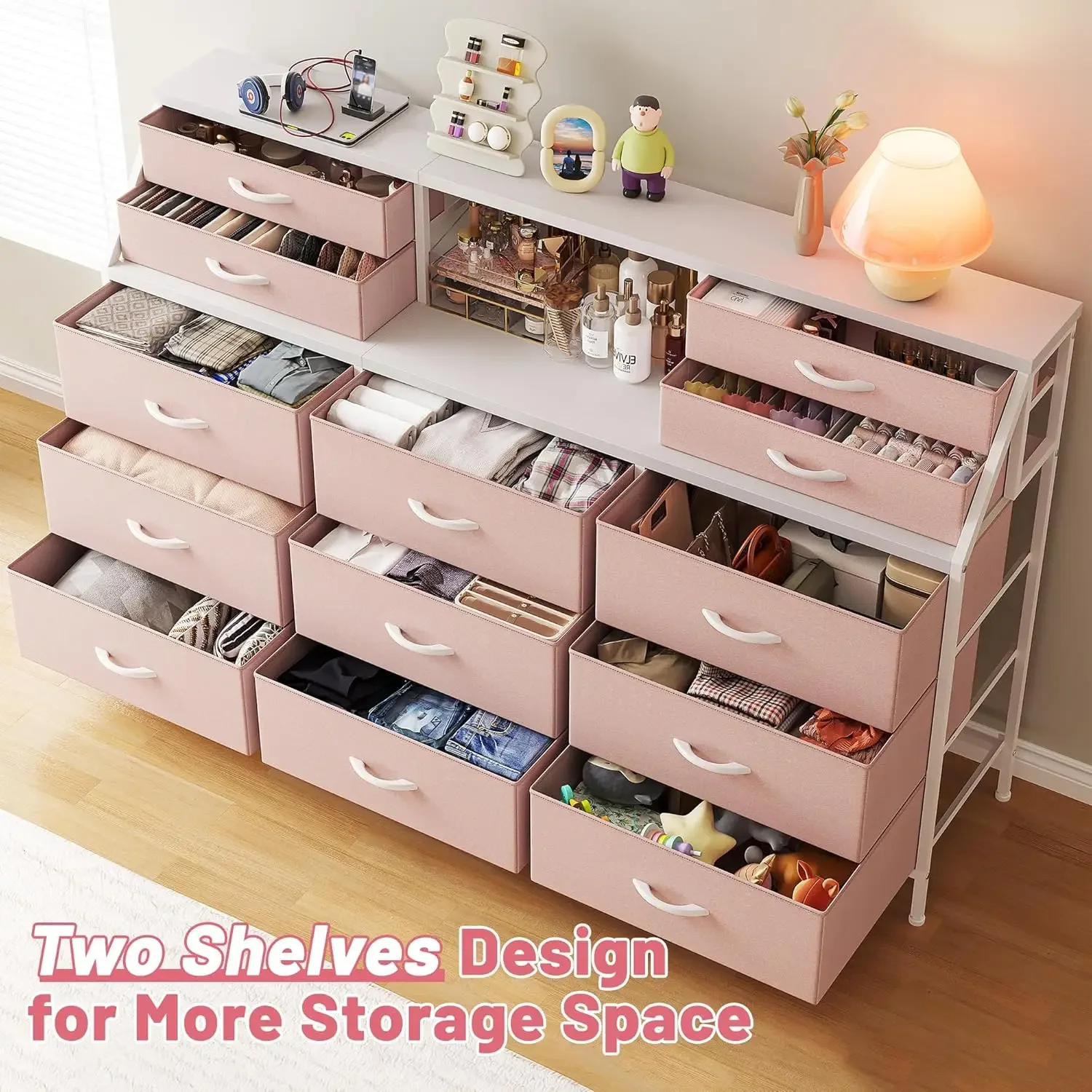 Cômoda para quarto de 55 polegadas, cômoda rosa para quarto de meninas, cômoda com 13 gavetas grandes, cômodas e cômodas