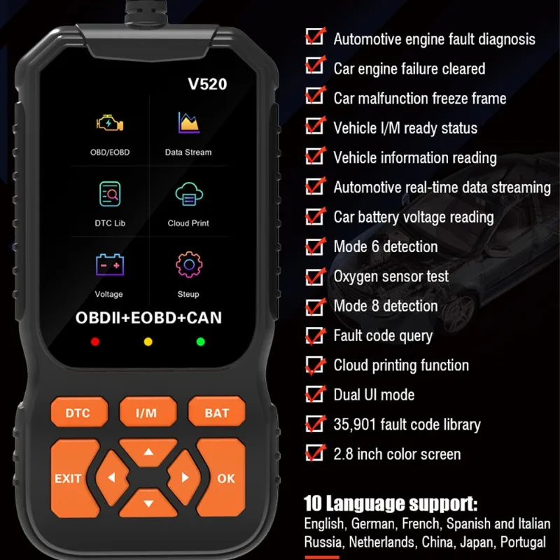 10 Languages V520 Full OBD2 EOBD Scanner Car Diagnostic