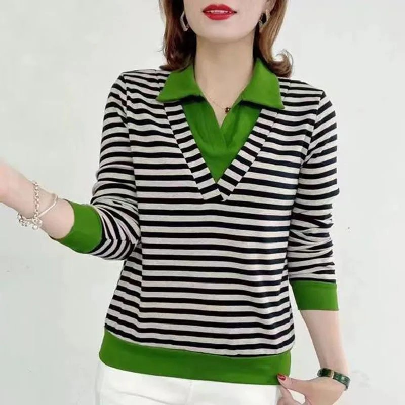 High Quality Cotton stripe T Shirt Women's Spring Autumn Fake Two-Piece Long Sleeve T-Shirt Middle-Aged Elderly Mothers Tops