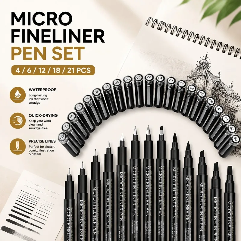 Micro Fineliner Pen Set 4/6/12/18/21Pcs, Waterproof Quick-Drying Outliner for Sketch, Comic, Illustration Drawing