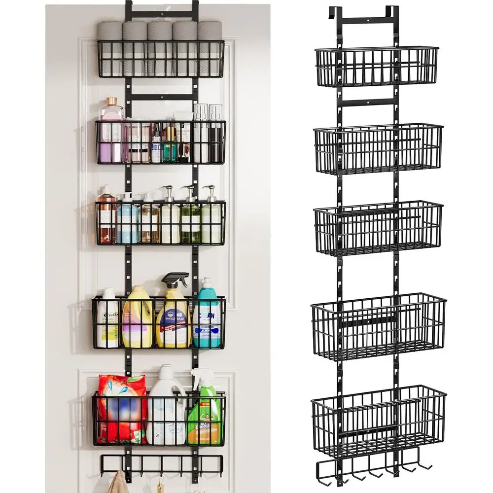 

Adjustable Over the Door Organizer, Metal Hanging Door Organizer with 5 Wire Basket 7 Hooks, Wall Mounted Shelf or Pantry Laundr