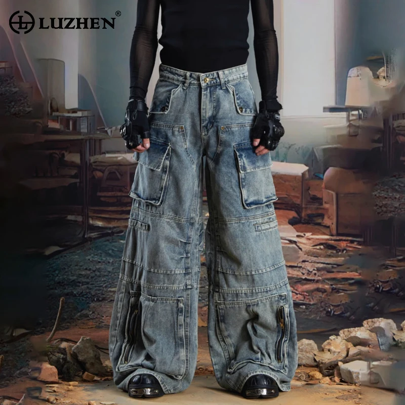 LUZHEN Original New Streetwear Multi Pockets Design Loose Cargo Jeans Men's 2025 Vintage Washed Wide Leg Denim Pants Male JY4810