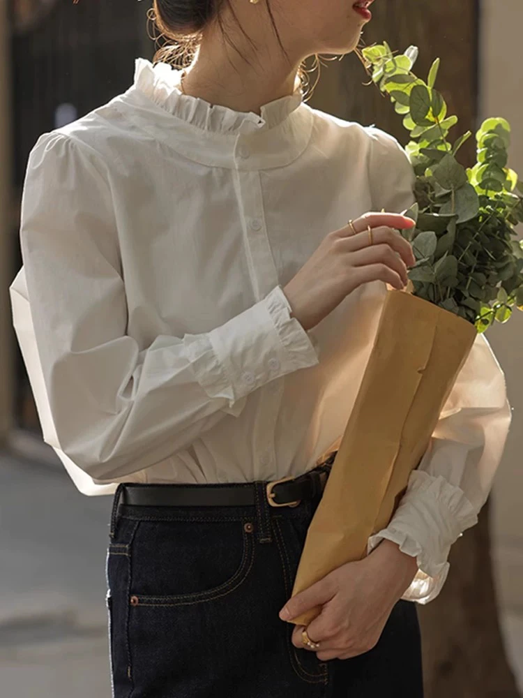 

White Lace Collar Long Sleeve Shirt Women's Autumn Winter New Style Elegant Beautiful Small Top Fashion Commute Style plus Size