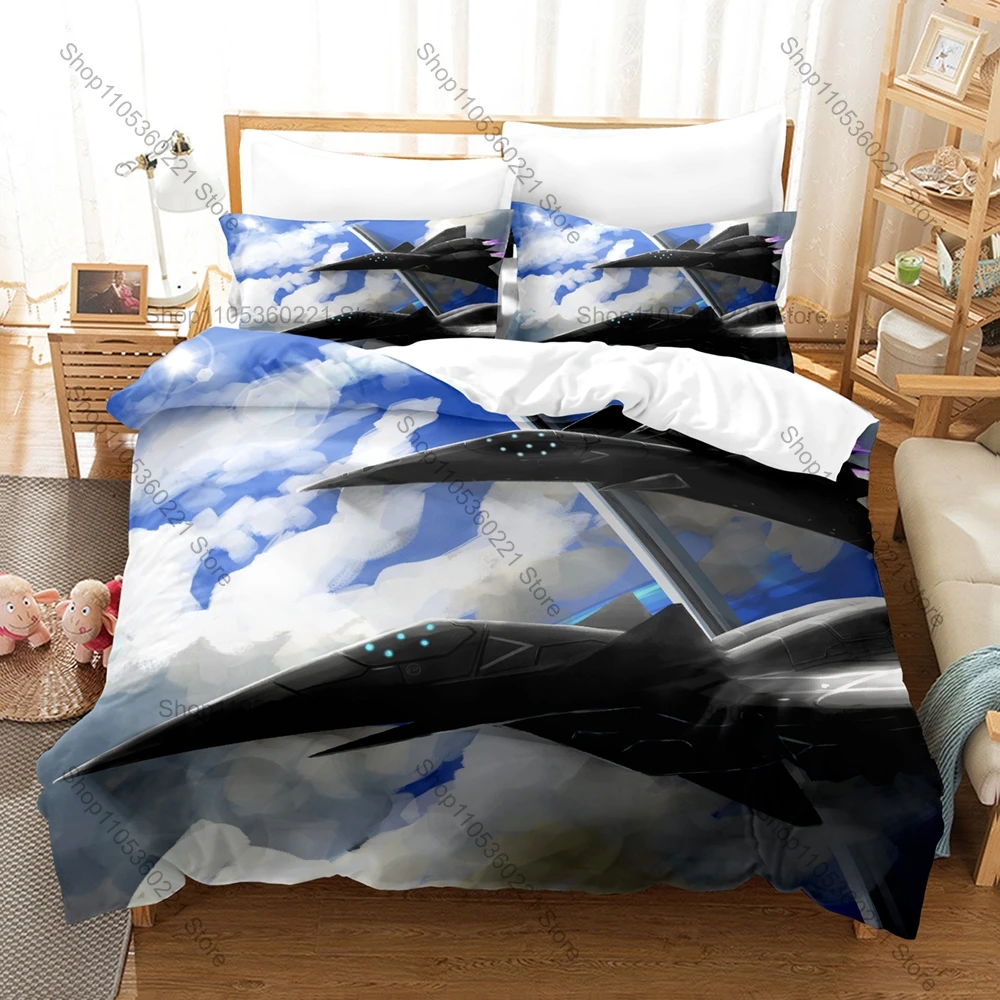 Soft Pale Cloud Military Aircraft Line Art 3Pcs Bedding Set Duvet Cover & Pillowcases Minimal Aviation Home Textile
