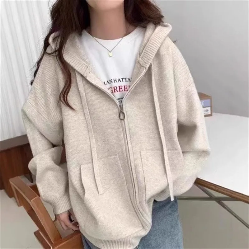 

Autumn Winter New Korean Version Loose Lazy Wind Hooded Sweater Knitted Cardigan Casual Soft Waxy Zipper Sweater Women's Coat