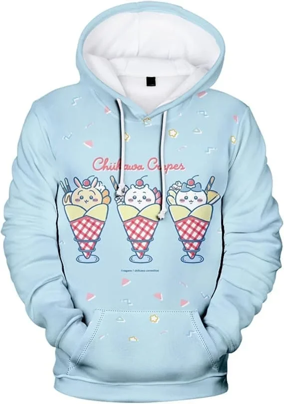 2027 Niedlicher Chiikawa Usagi Hamburger-Print Hoodie Anime Cartoon 3D Pullover Sweatshirt Langarm Freizeit Kapuzenpullover Familien-Set – Detail 5