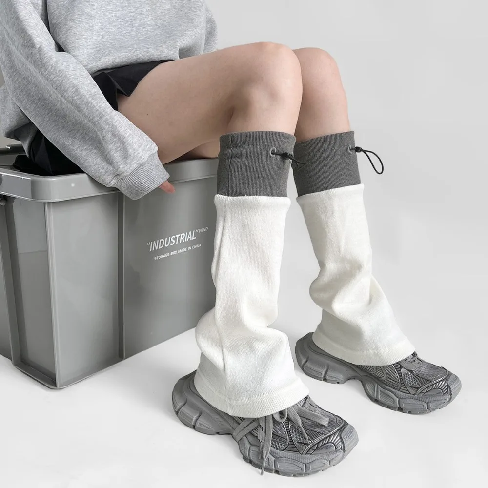 1 pair Harajuku Middle Tube Leg Warmers Gray Spliced Breathable Calf Socks Drawstring Closure Adjustable Buckle Boot Cuffs Women