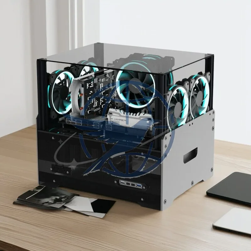 Double-layer DIY lower power supply, personalized translucent open acrylic computer water cooling, multi-hard disk chassis
