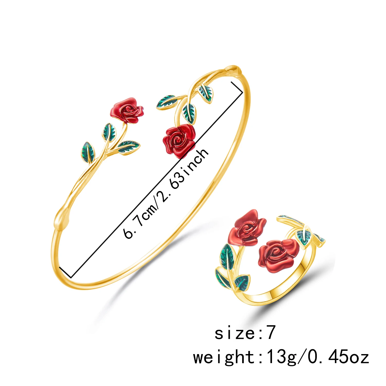 Retro Red Rose Flower Bracelet Ring Set For Women Vintage Drip Oil Open Adjustable Cuff Bangle Finger Ring Party Wedding Jewelry