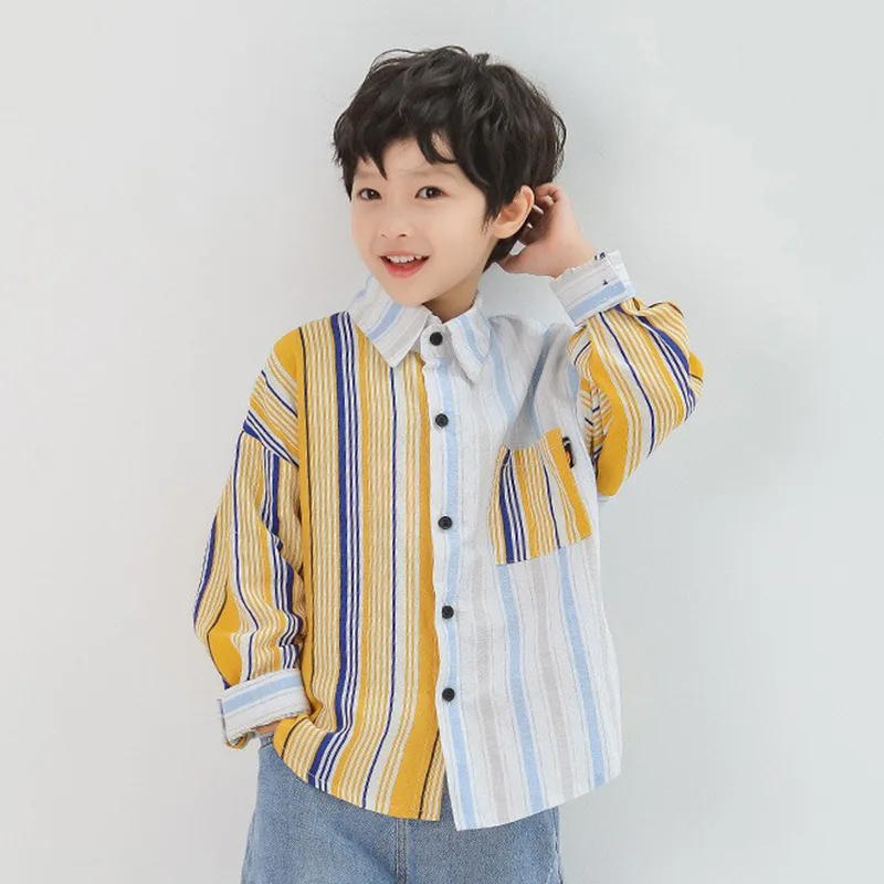 HoneyCherry New Spring and Autumn Long-Sleeve Yellow and Blue Shirts for Boys Striped Shirt Features Stylish Turned-down Collar