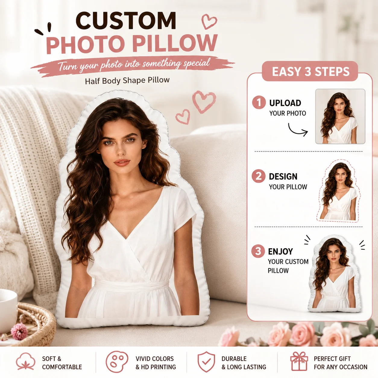 Customize Unique Shaped Pillows According to Your Photos. The Clearer and More Beautiful the Photos Are, the More Stunning the Finished Product Will Be. Can Be Used as a Birthday Gift, Anniversary Gift, or Holiday Surprise (for Yourself, Your Partner).