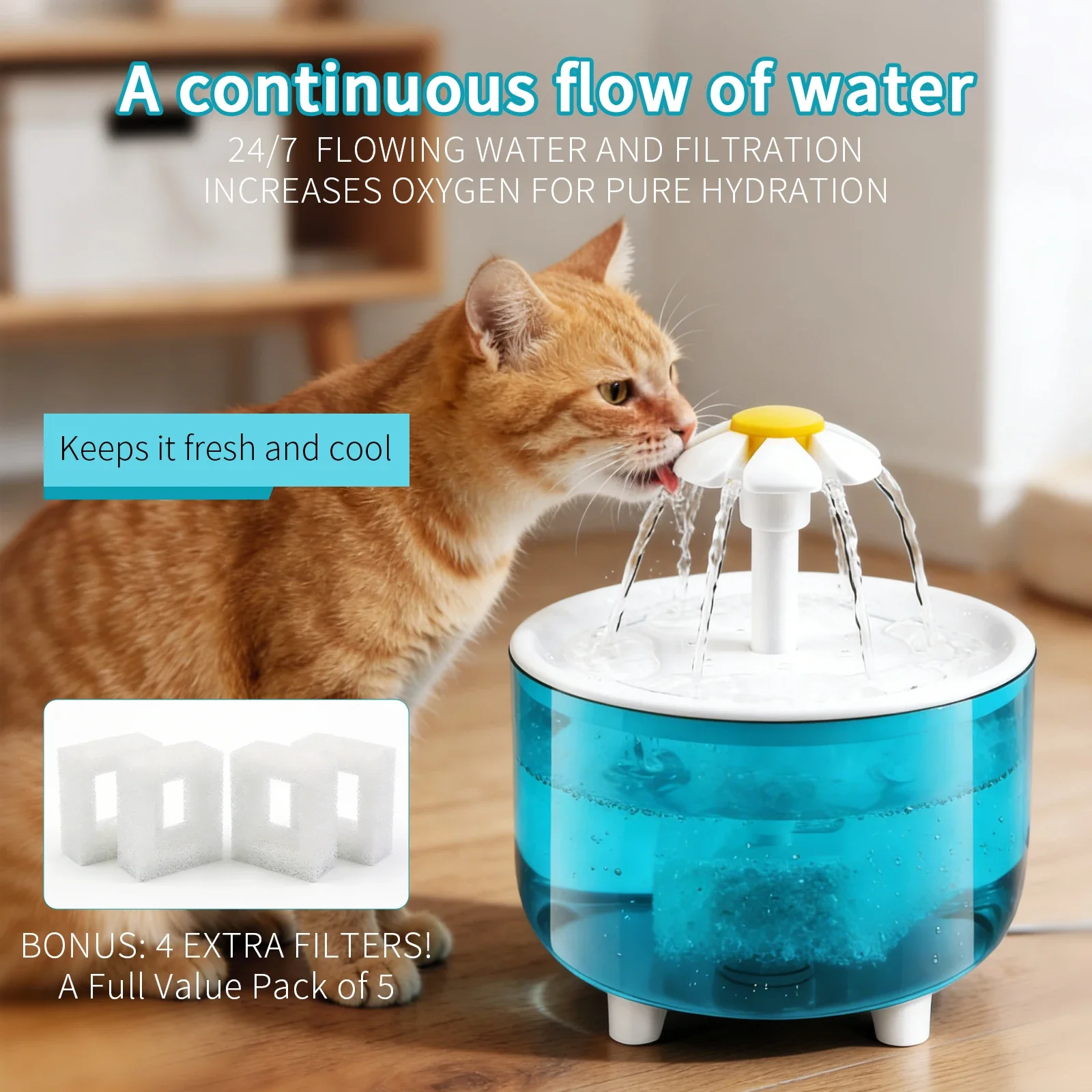 USB Electric Pet Water Fountain with 4 Filters Auto Recirculating Cat Drinker Bowl 1200mL Dog Puppy Water Dispenser