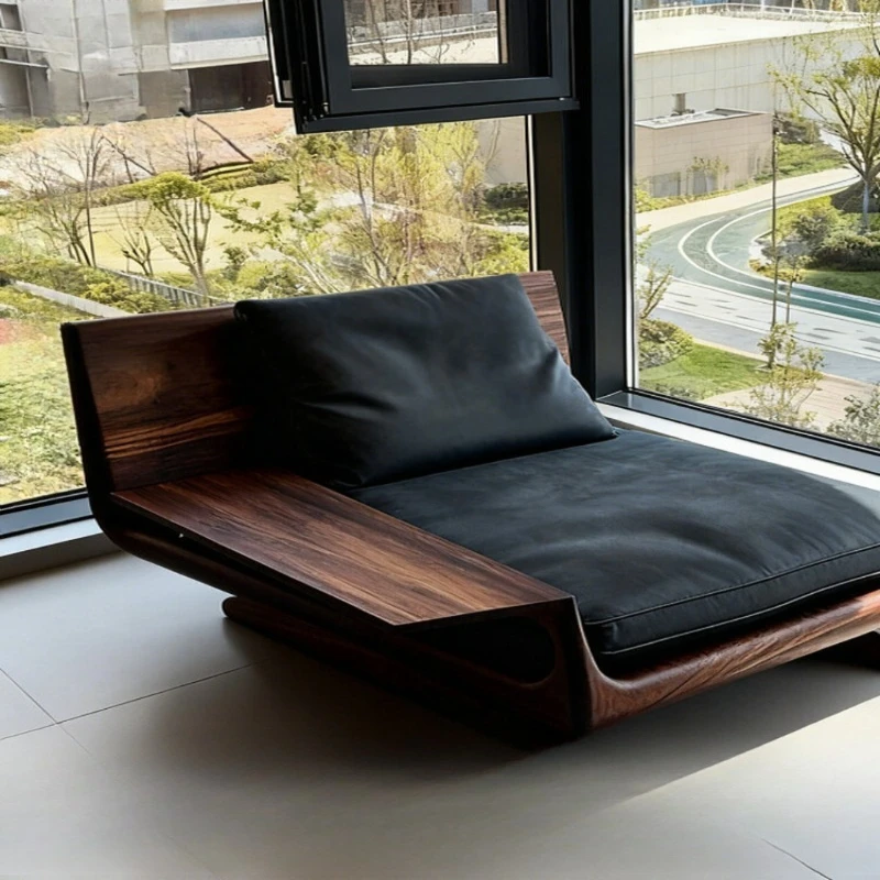 

Black walnut solid wood sofa chair single seat black leather back chair living room balcony leisure chair